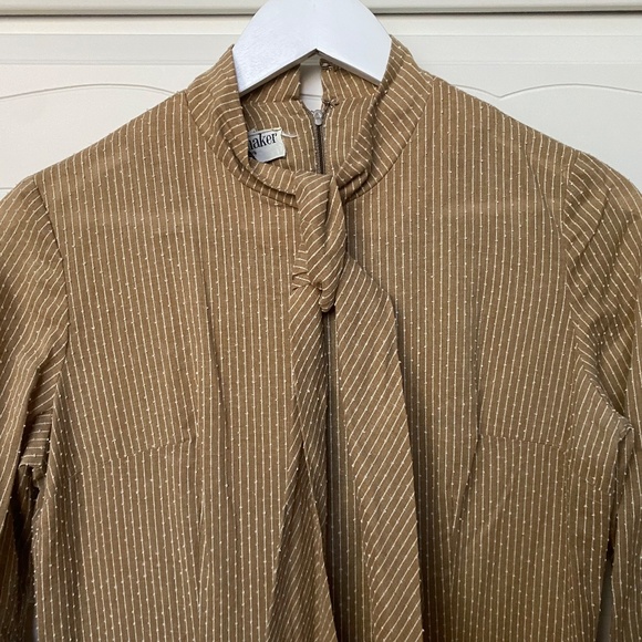 60s/70s Size S Mini Dress Neck Tie Linen Skirt Gold Beige Bodice - Picture 11 of 16